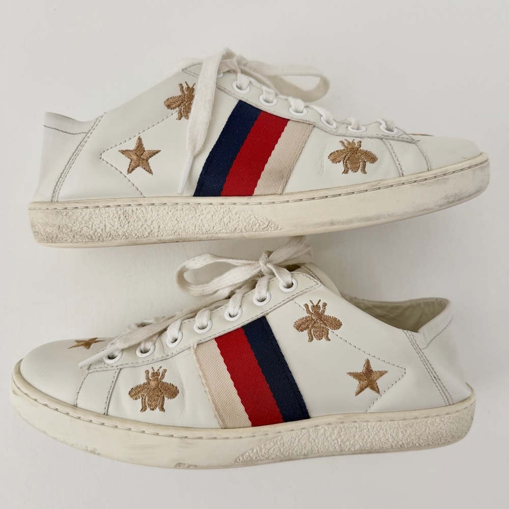 GUCCI || Ace White Leather Embroidered Bee Star Sneakers Collapsible Heel EU 36 - Picture 3 of 12